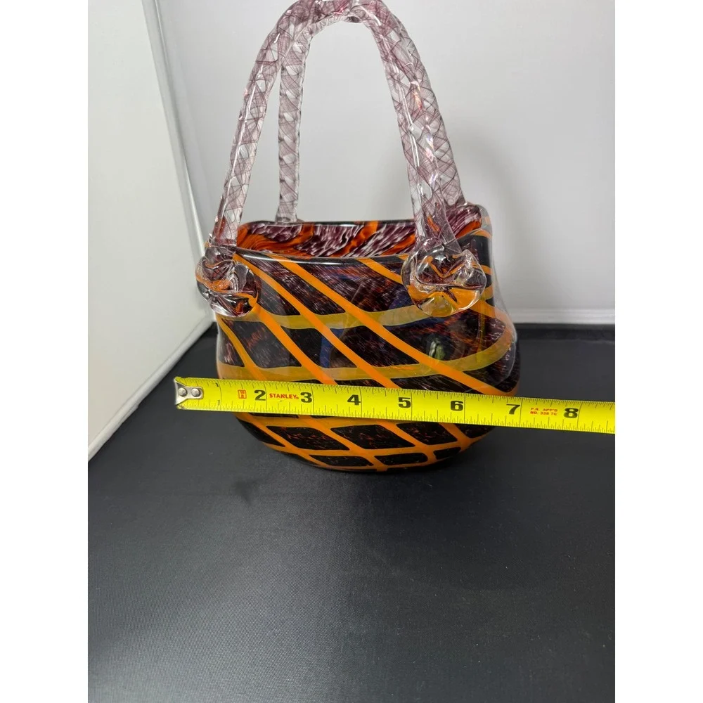 Fifth Avenue Crystal Glass‎ vase Purse Orange Black Swirl Twisted Handles